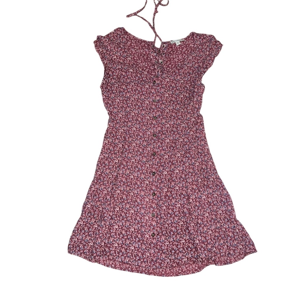 American Eagle Floral Mini Dress Burgundy Lace Up Back Cutout Button Front Large
